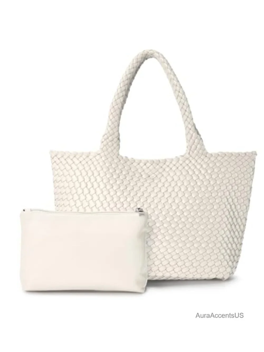 Large Vegan Leather Woven Tote Bag with Inner Pouch